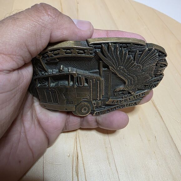 Vintage Solid Brass "The Life Line Of America" Truckers Belt Buckle Flying Eagle - Picture 3 of 10
